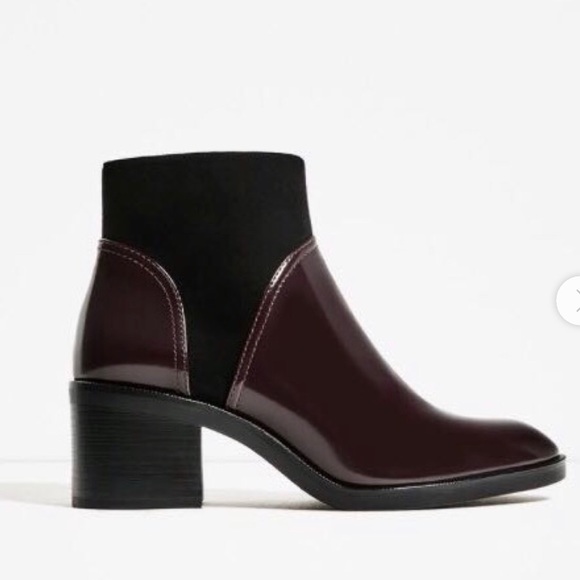 patent burgundy ankle boots